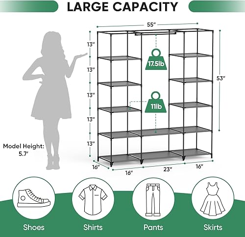 Miniatura 4 de BALEINE Armario, armario portátil para dormitorio, organizador de almacenamiento de ropa con 12 compartimentos de 55 x 16 x 65 pulgadas, armario de