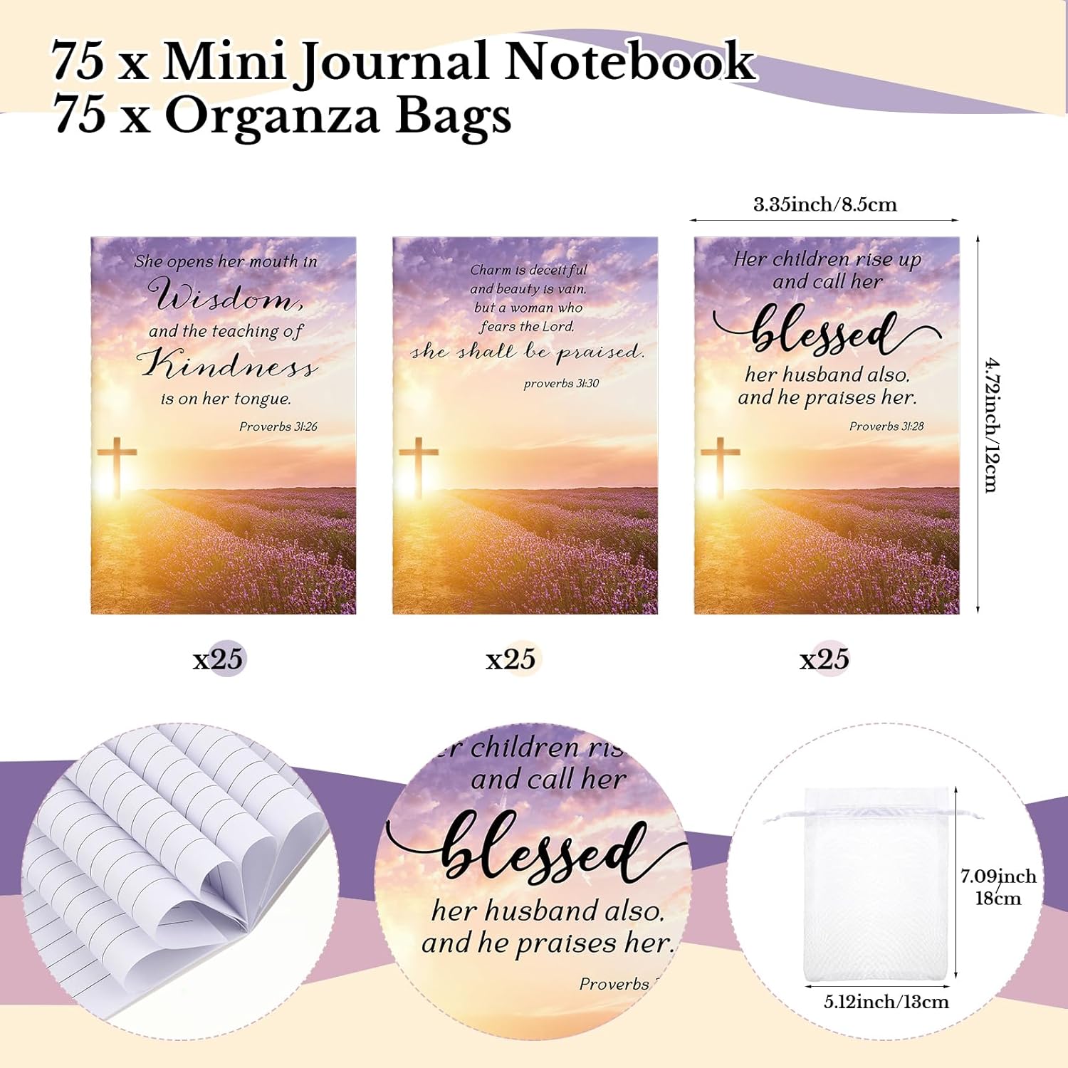 Spakon 75 Sets Mother's Day Church Gifts Bible Verse Notebooks Christian Pens with Organza Bags Religious Mother's Day Gifts for Mom