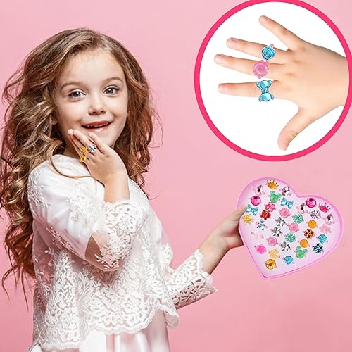 Miniatura 5 de BXDOW 36 anillos de joyería para niñas pequeñas en caja, anillos de juego de simulación y disfraces para niños, lindos anillos para niñas de 3 a 12