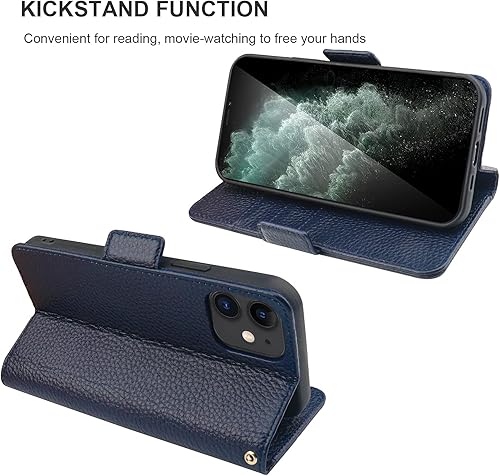 Miniatura 5 de Bocasal Funda tipo cartera para iPhone 11, soporte de piel auténtica, carga inalámbrica, bloqueo RFID, ranuras para tarjetas, funda plegable con