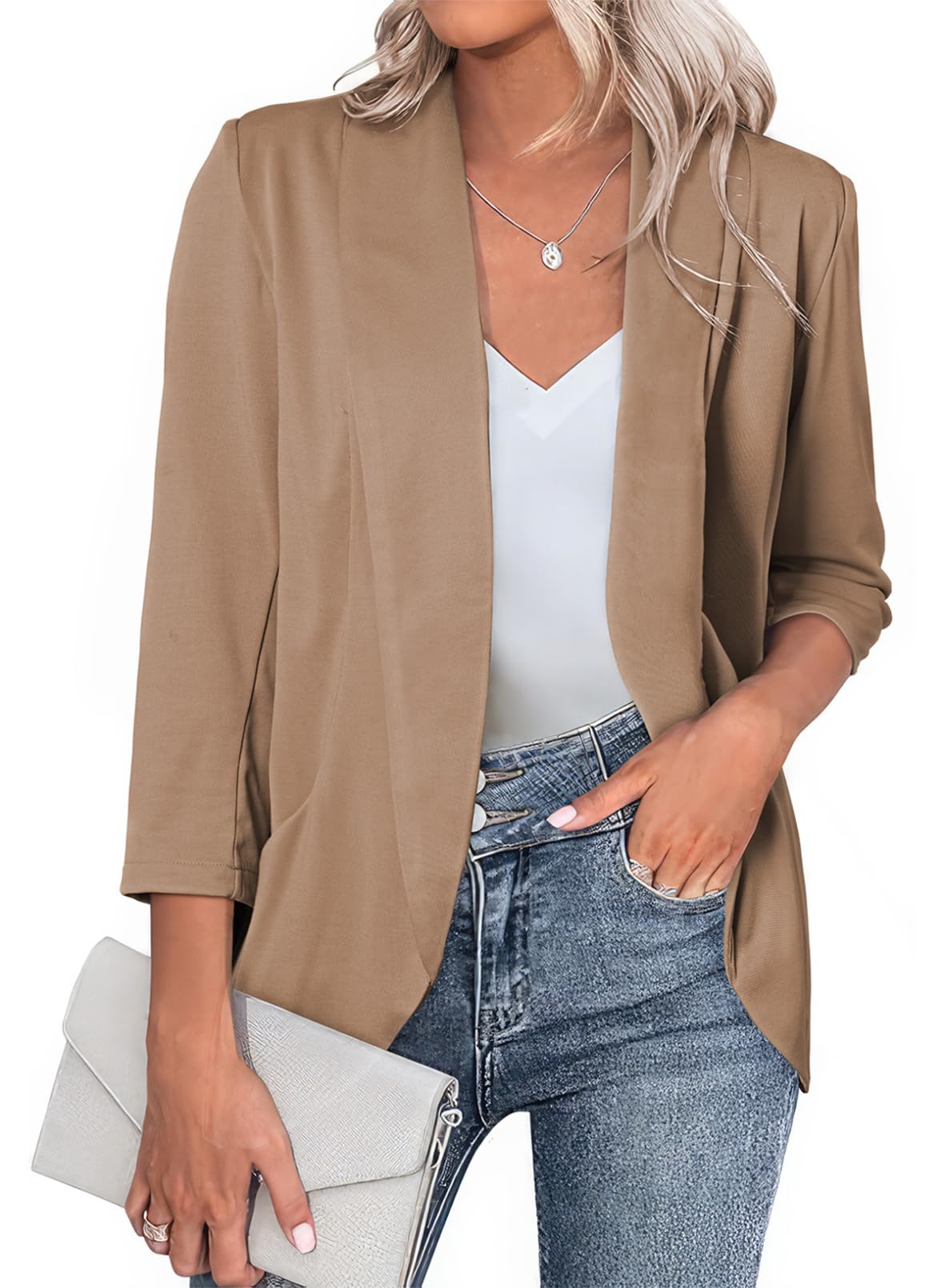 Happy Sailed Womens 3 4 Sleeve Blazers Lightweight Open Front Cardigan Jacket Office Work Suits