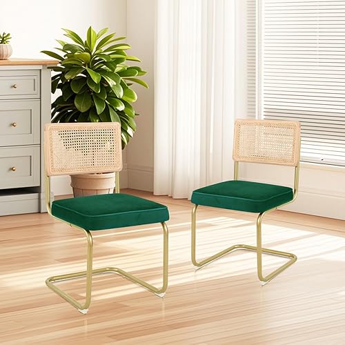 CangLong Mid-Century - Sillas de comedor modernas, respaldo de ratán de malla natural, asiento tapizado de terciopelo, sillas sin brazos con patas