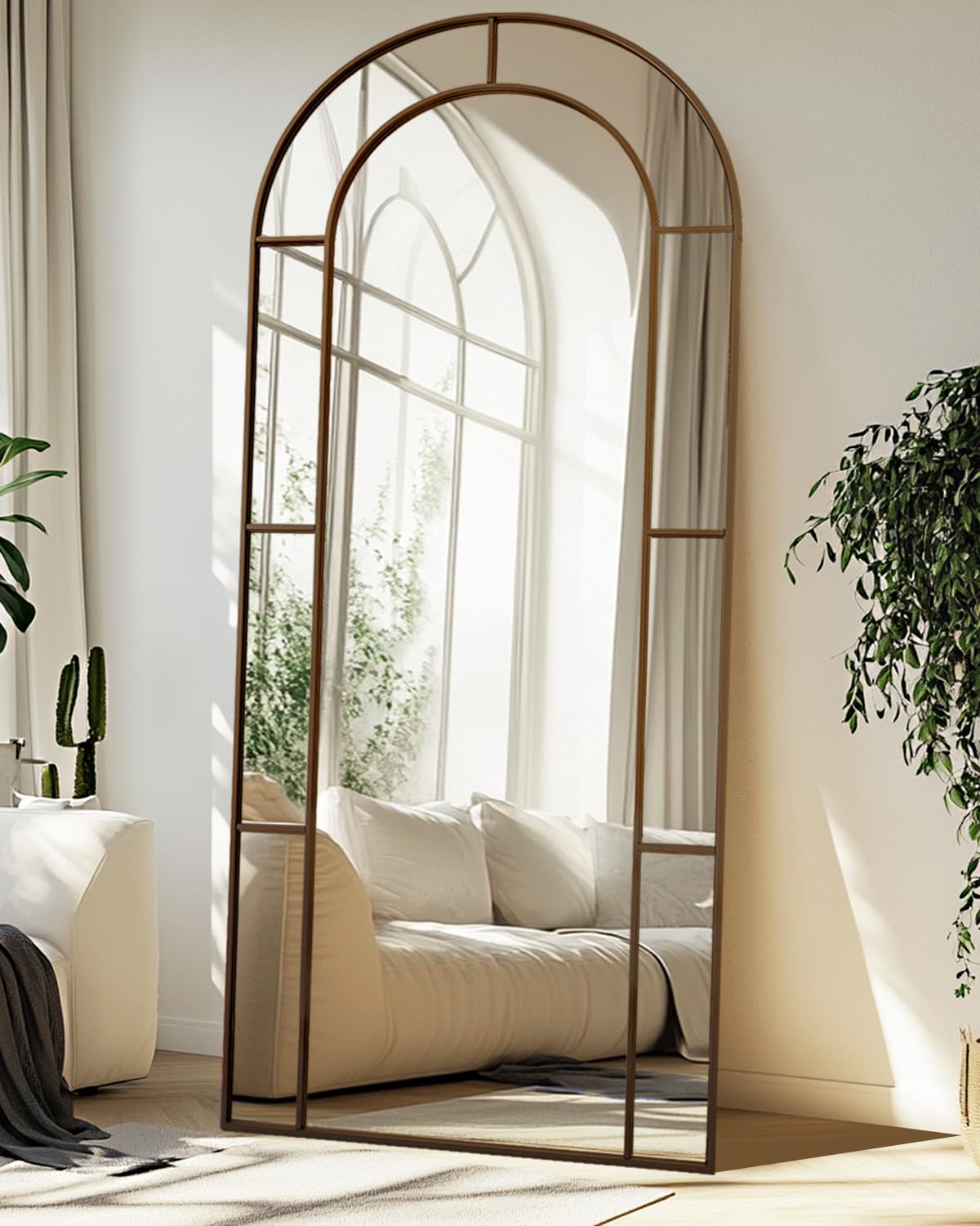 antok 76" x 34" full length mirror, floor mirror arched window decorative mirror, metal framed decor farmhouse floor mirrors art pane mirrors wall decor for bedroom, living room, entryway bronze