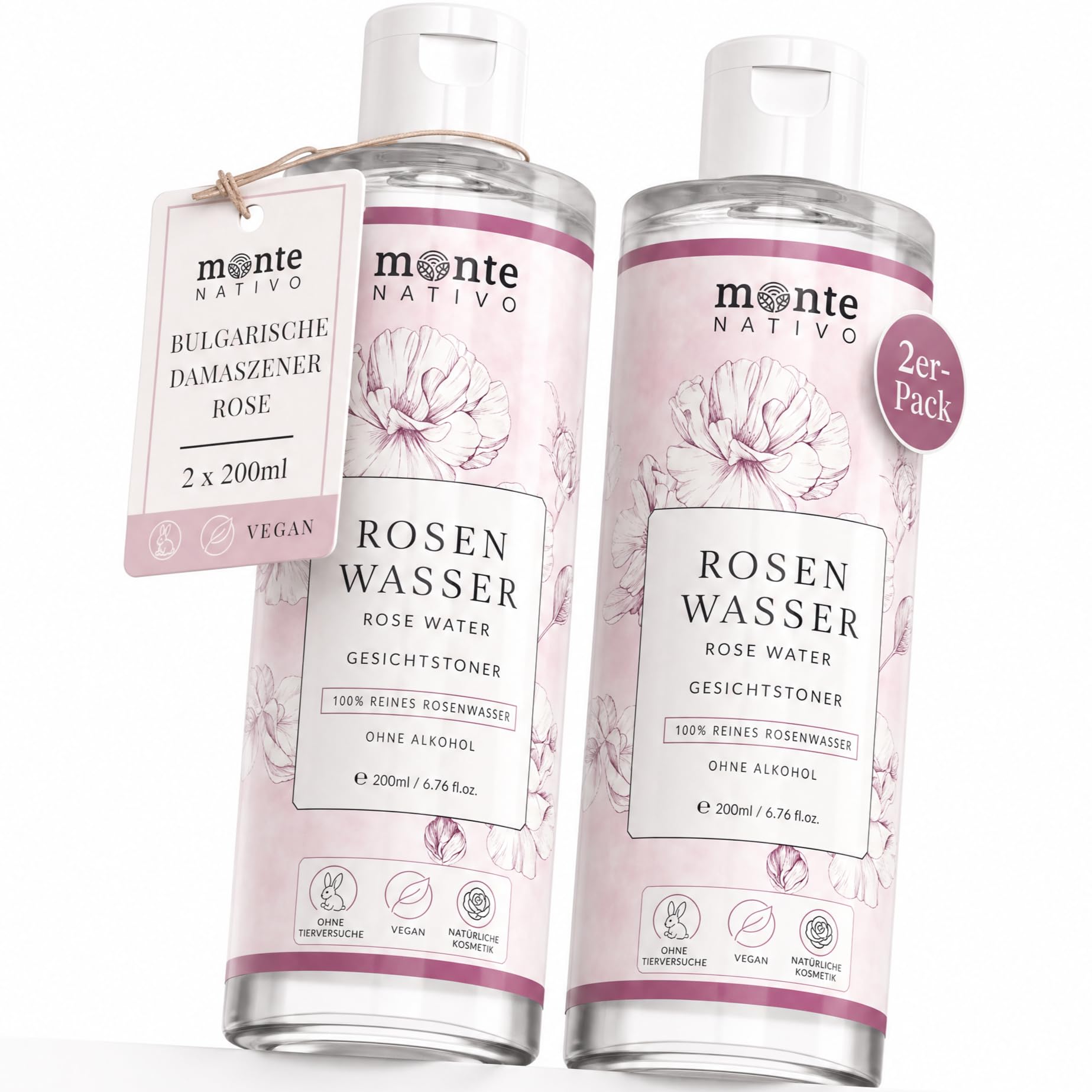 Monte Nativo czysta woda różana, 100% naturalna, do twarzy, z hydrolatem, podwójna destylacja parą wodną, 2 x 200 ml