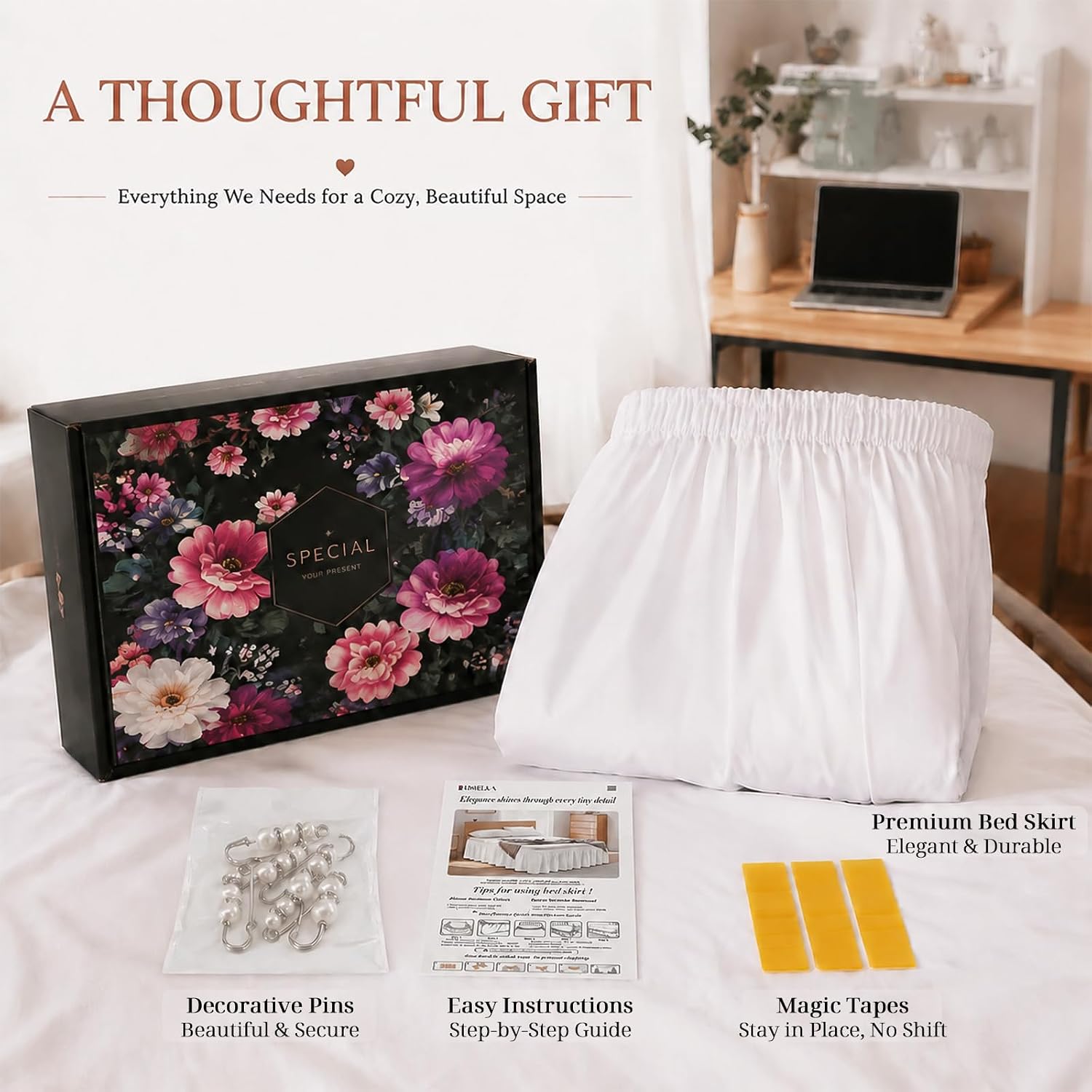 RIMELA Twin XL Dorm Bed Skirt - 32 Inch Drop, Easy Install Wrap Around Elastic Dust Ruffle, White Silky Solid Fabric Machine Washable, Bedroom Decor
