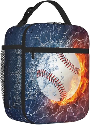Miniatura 2 de Lonchera de béisbol con temática deportiva para niños, niñas, adolescentes, adultos, reutilizable, aislada, con estampado de fuego y agua, bolsas de