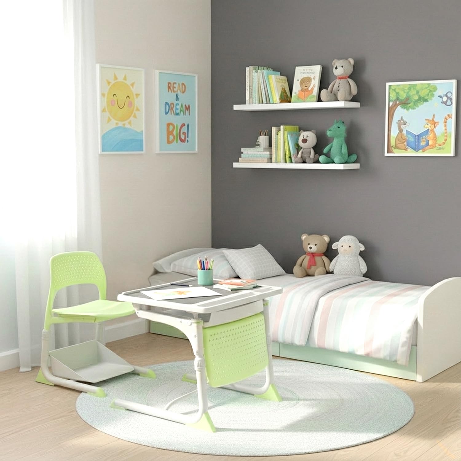BONTON Berkeley Kids Functional Study Table & Chair Set for 4-10 Year Boys/Girls with Inclined Desk Top, Adjustable Height, Active Motion Seat, Multipurpose Tray, Stationery Holder (Green)-image-8