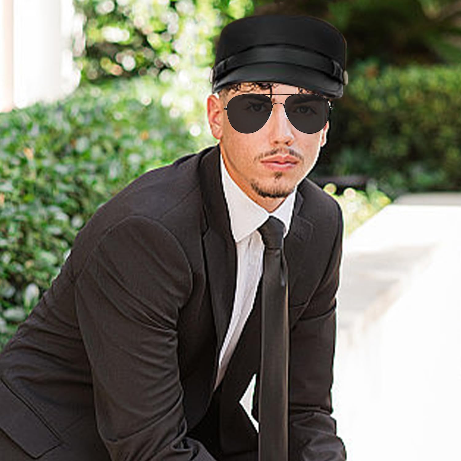 Bohue 3pcs Chauffeur Costume Accessories Black Hat Sunglasses Bow Tie 1980s Novelty Limo Taxi Driver Fancy Dress Kit for Cosplay Dress up Party - Image 4