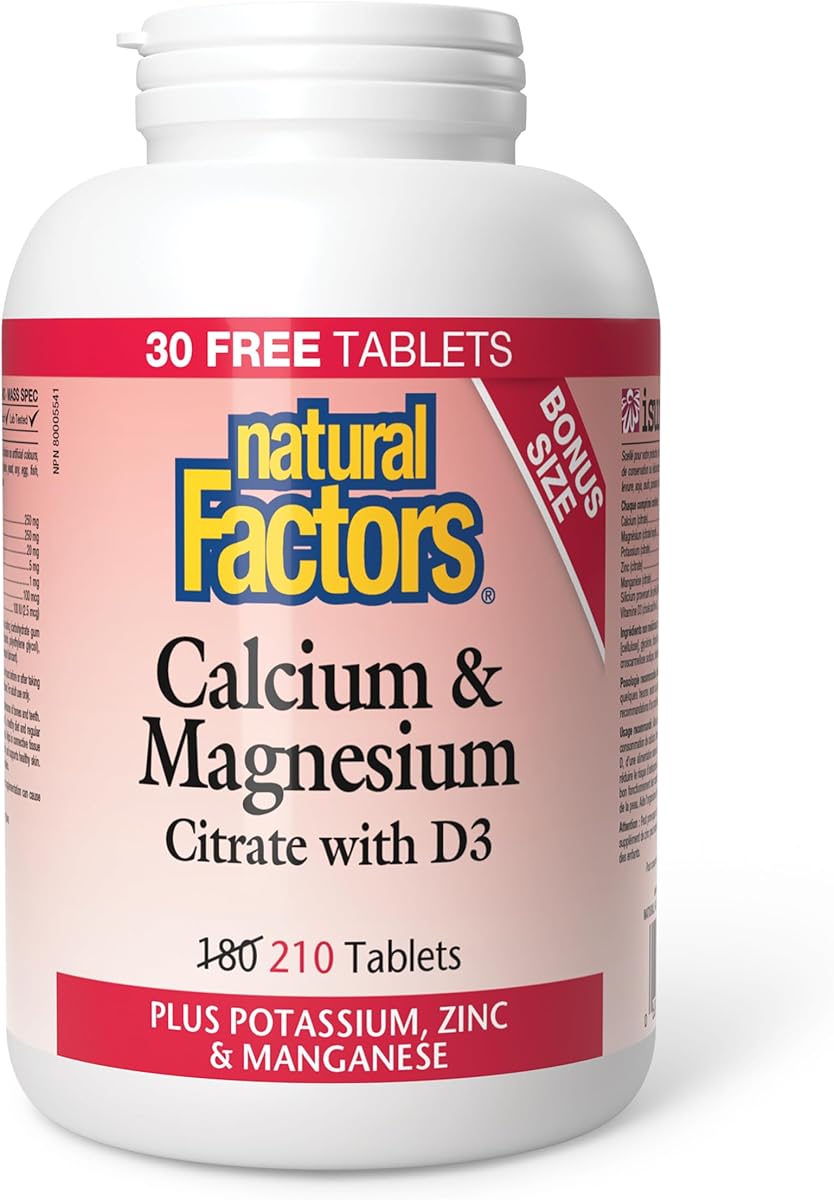 Natural Factors Calcium & Magnesium Citrate with D3 Plus Potassium, Zinc & Manganese, VALUE SIZE, 210 Tablets, Helps to Reduce the Risk of Osteoporosis, Proudly Canadian