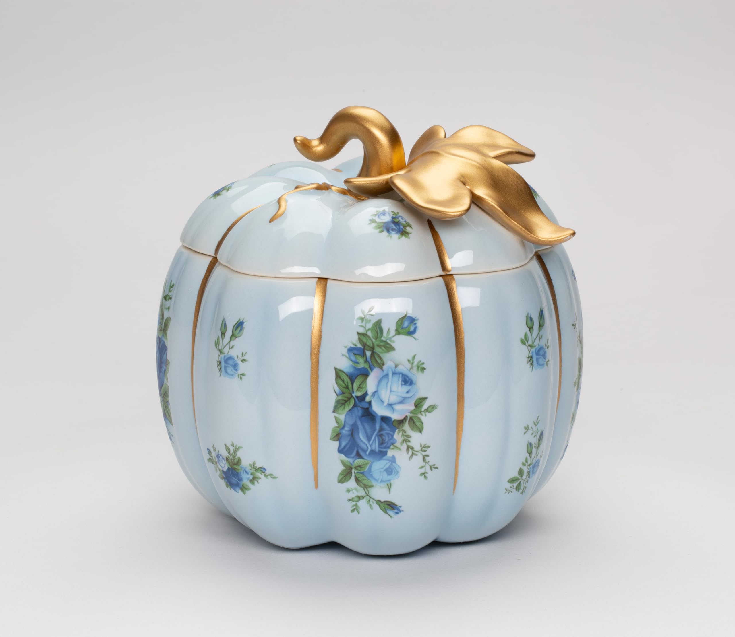 Cosmos Gifts Fine Ceramic Thanksgiving Harvest Victorian Rose Blue Pumpkin Cookie Candy Jar, 6-5/8