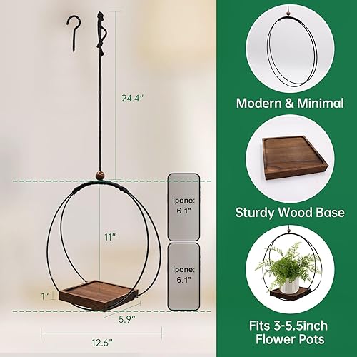 Miniatura 4 de Maceta colgante para plantas de interior, colgador de plantas negro para interiores con base de madera resistente, colgador de plantas de macramé