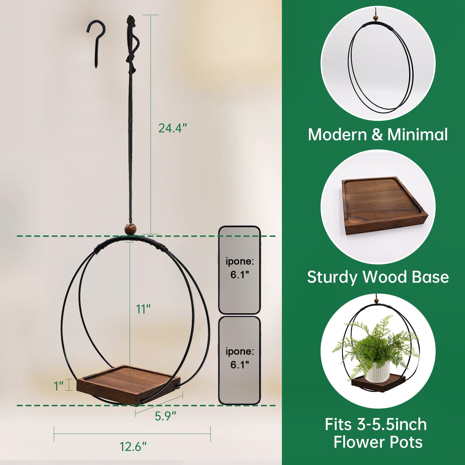 Suspension d'intérieur - Suspension moderne en macramé avec base en bois robuste - Décoration murale et plafond pour la maison - Parfait pour les plantes d'intérieur et les pots (plantes non incluses)
