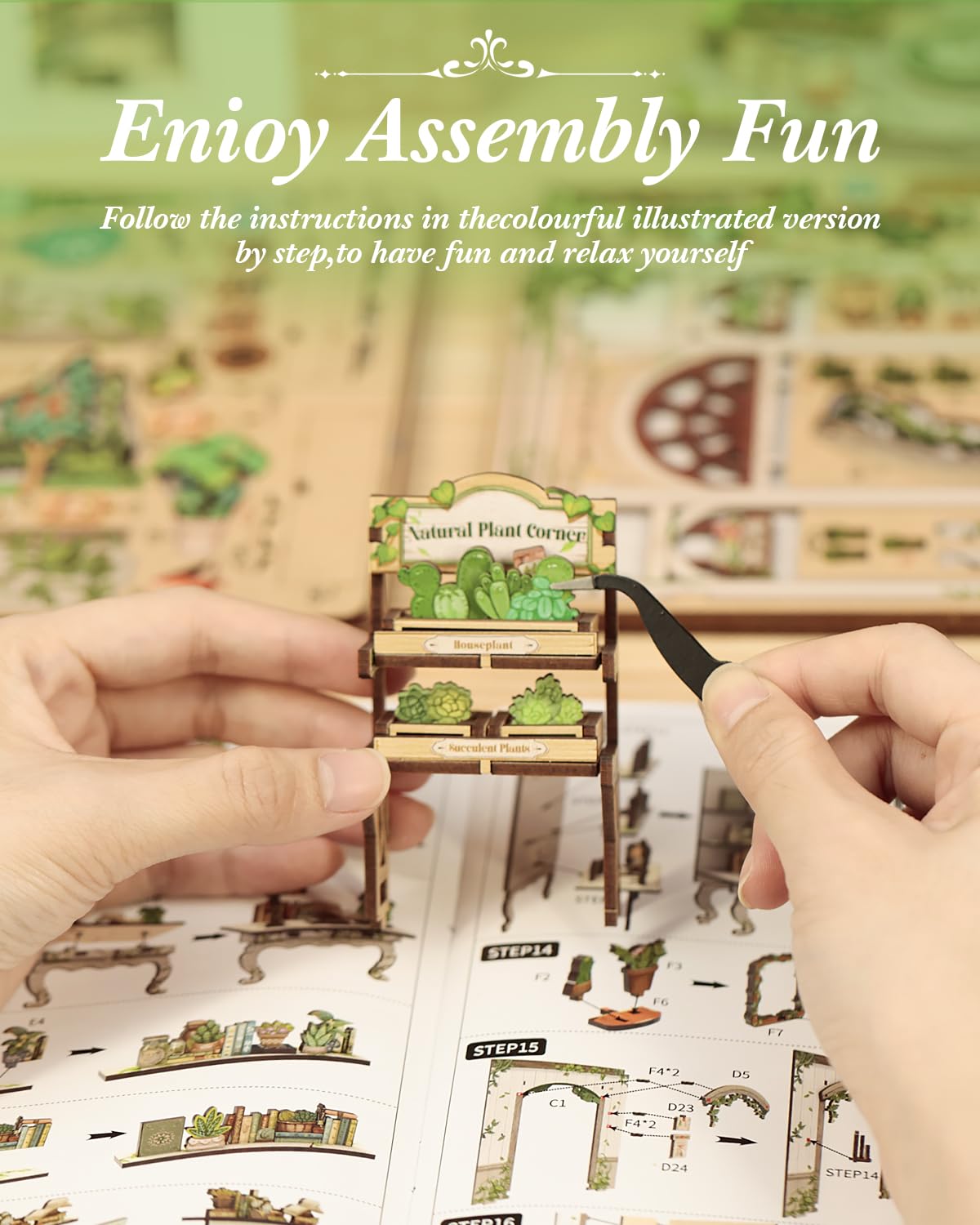 Cutefun Book Nook Kit - Kit Casa delle Bambole in Miniatura diy, Puzzle 3D in Legno per Scaffali con Luci LED Decorativo per Adolescenti e Adulti (Green Life Bookshop)