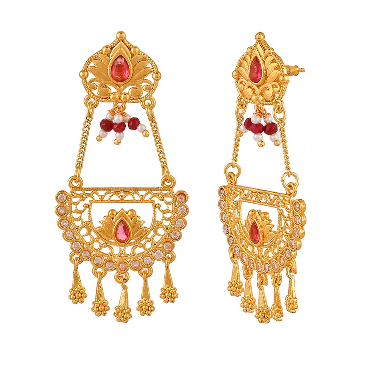 Abharan Red Stones & Pearls Ethnic Drop Earrings
