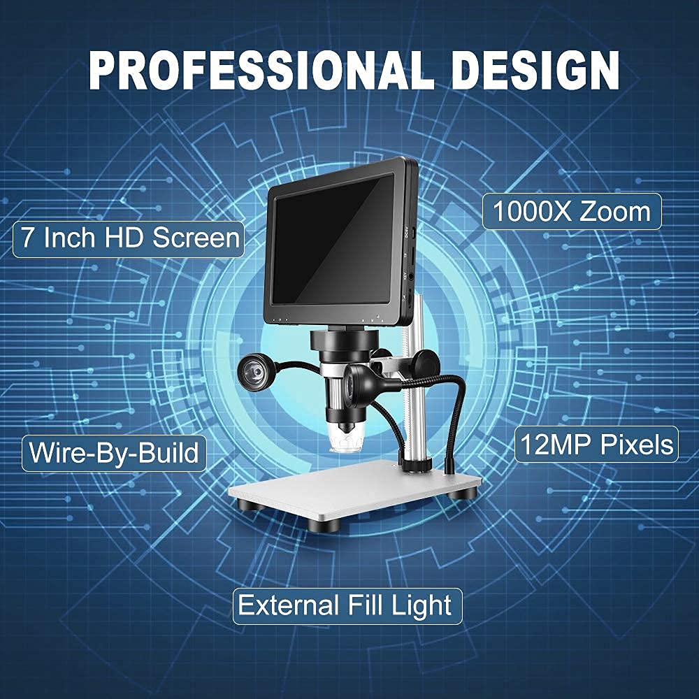 Microscopio Digitale, 7'' Schermo Hd 12mp 1200x Fotocamera 8 Led Microscopio Professionale a Luce Con Controller a Filo, Per La Riparazione Orologi Valutazione Di Gioielli Ricerca Scientifica