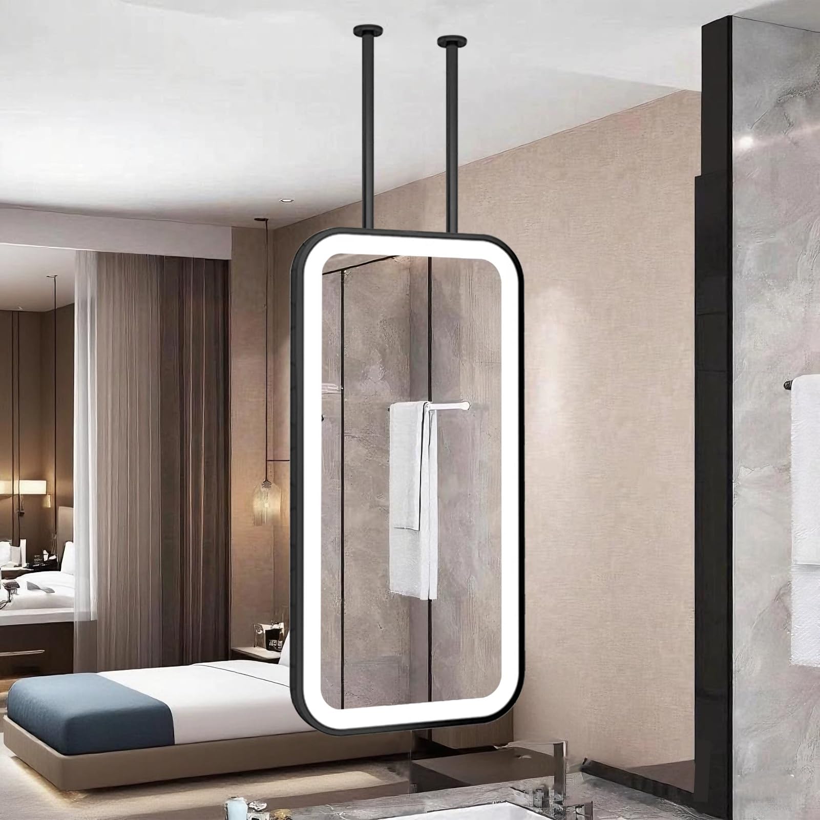 FGXHHS Ceiling Mirror with LED Lights，Metal Boom Illuminated Wall Mounted Touch Button s，Suspended Vanity Makeup Mirrors for Living Room Bedrooms(40cmx60cm)