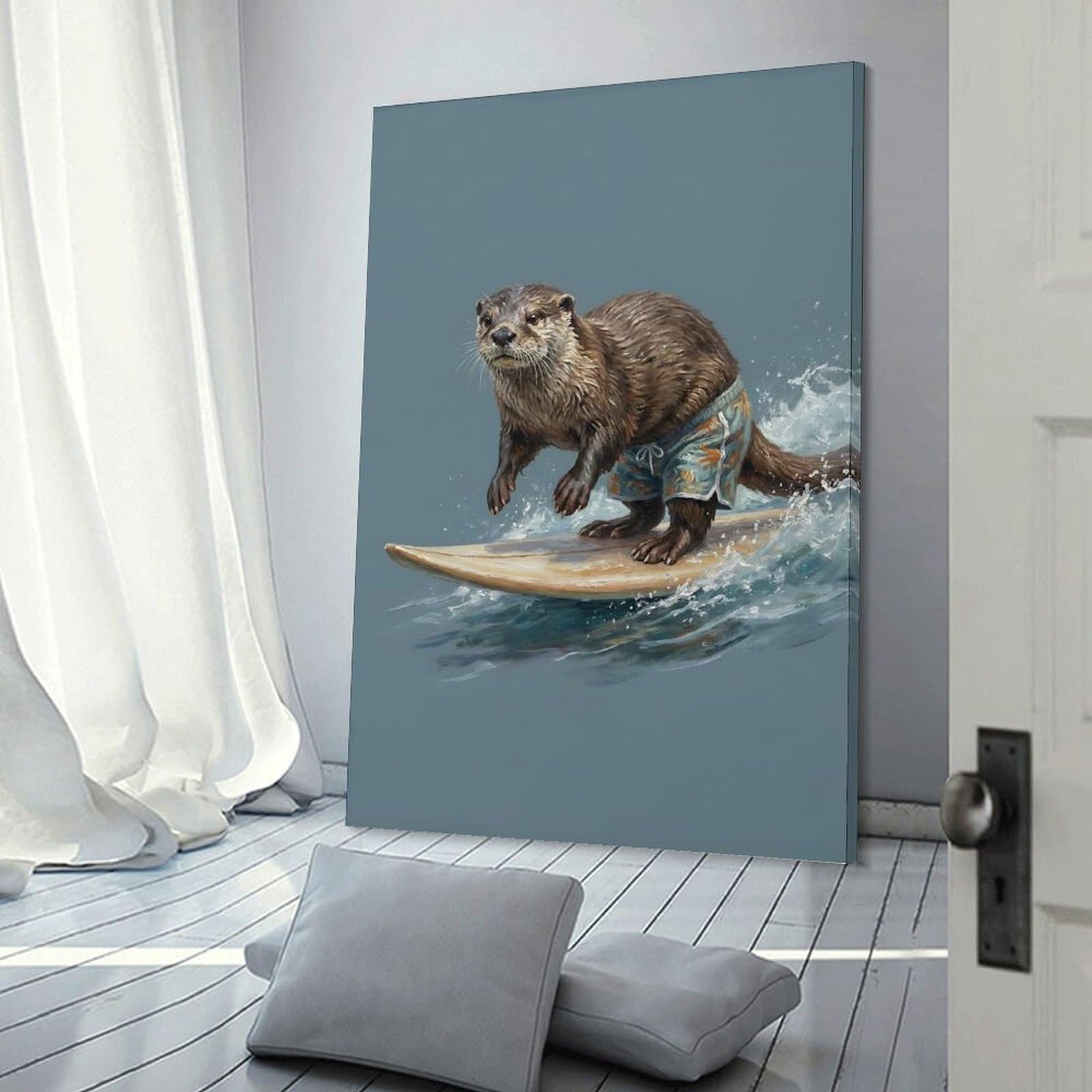 Junmoney Surfing Otter in Hawaiian Shorts Canvas Wall Picture, 24x36inch(60x90cm), for Flats, Guest Rooms Or Compact Rooms, An Easy Choice for New Home Styling