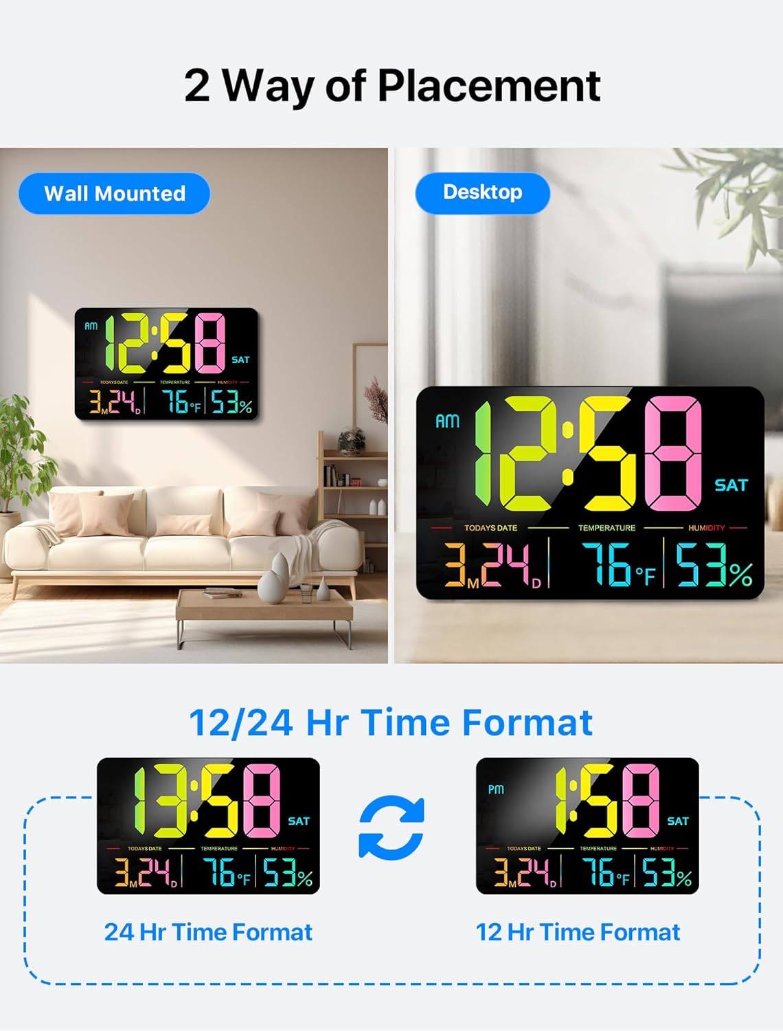 MASHI F600 Digital Clock showing wall-mounted and desktop placement options
