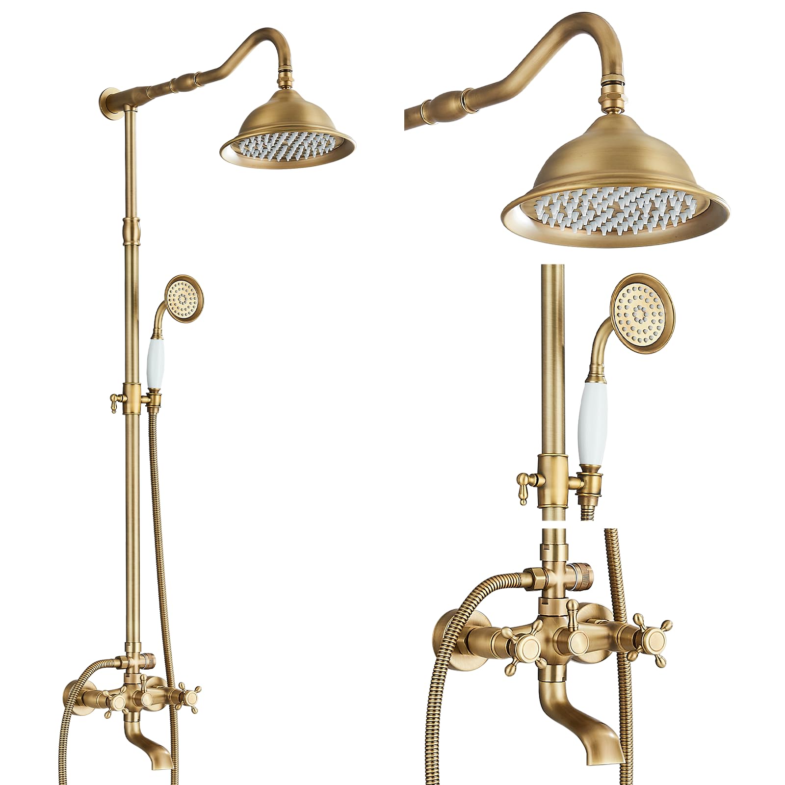 Grifo de ducha con cascada retro, 3 salidas, alcachofa superior de 8 pulgadas, ducha de mano + bañera de latón antiguo, kit con soporte extensible (100-135 cm)