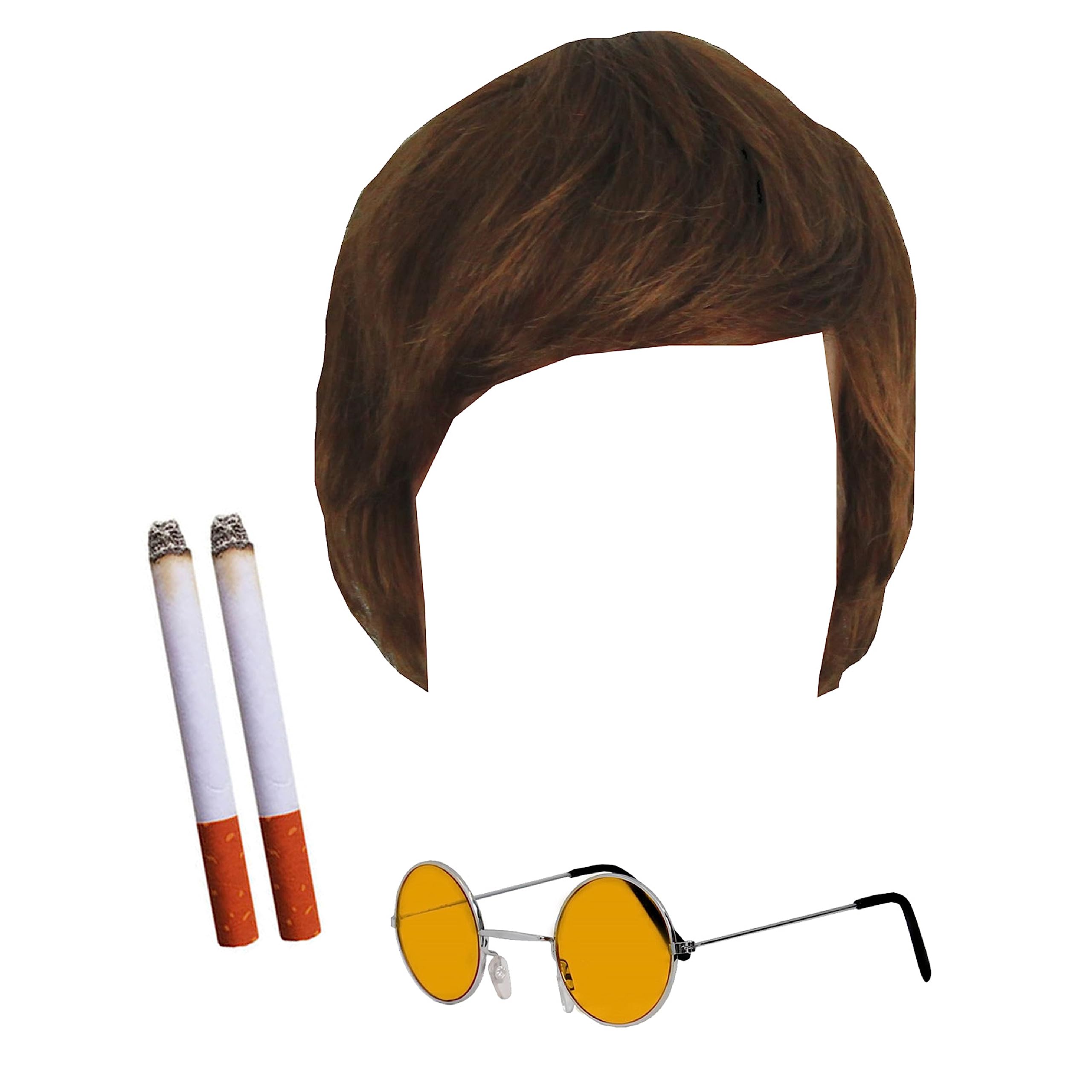 Adults Rock Band Accessory Set - Brown Wig, Round Orange Glasses, 2 Fake Cigarettes - Adults 4-Piece Music Best of British Party Fancy Dress Costume Accessory Set