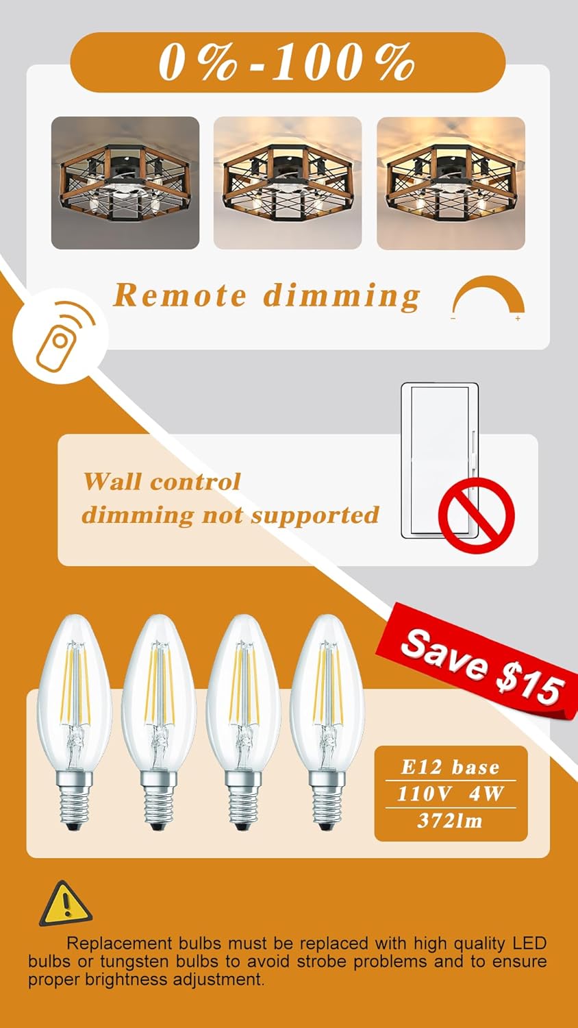 21'' Flush-Mount Ceiling Fan with Dimmable-Light and Memory Remote, Reversible-Motor, Perfect for Bedroom, Living room, Kitchen, Outdoor Gazebo, Patio, Low-Profile Design Farmhouse Cage, Black walnut