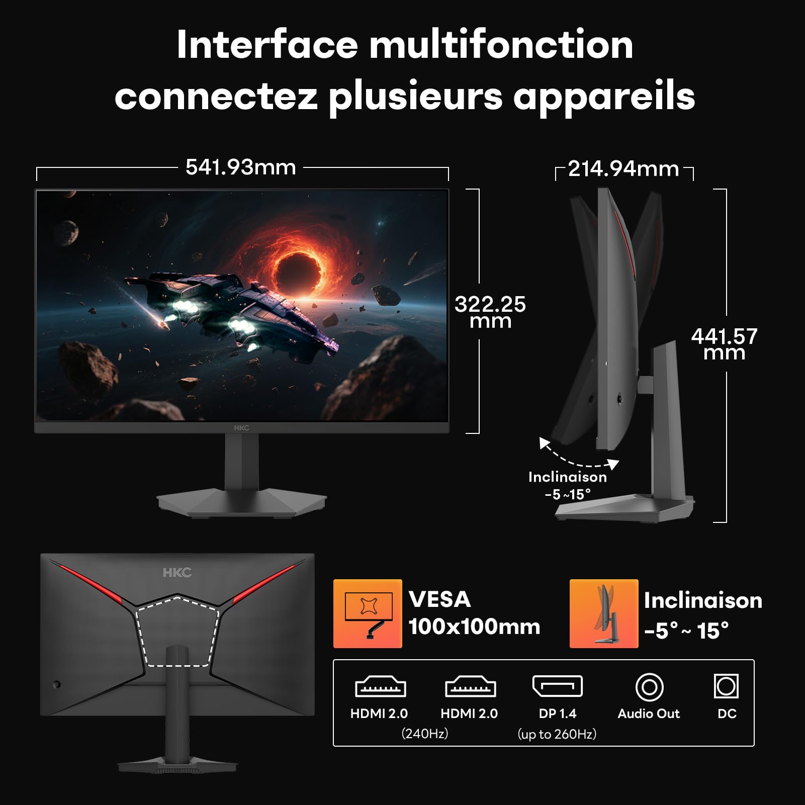 HKE G24H3D Écran PC Gamer 24 Pouces IPS FHD 240Hz Jusqu'à 260Hz HDR400 Ecran Gaming