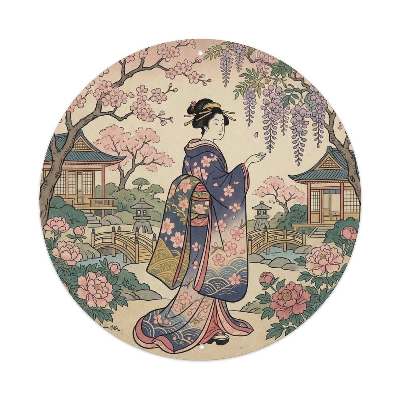 Japanese Geisha Side View Admiring Flowers Scene Metal Tin Sign