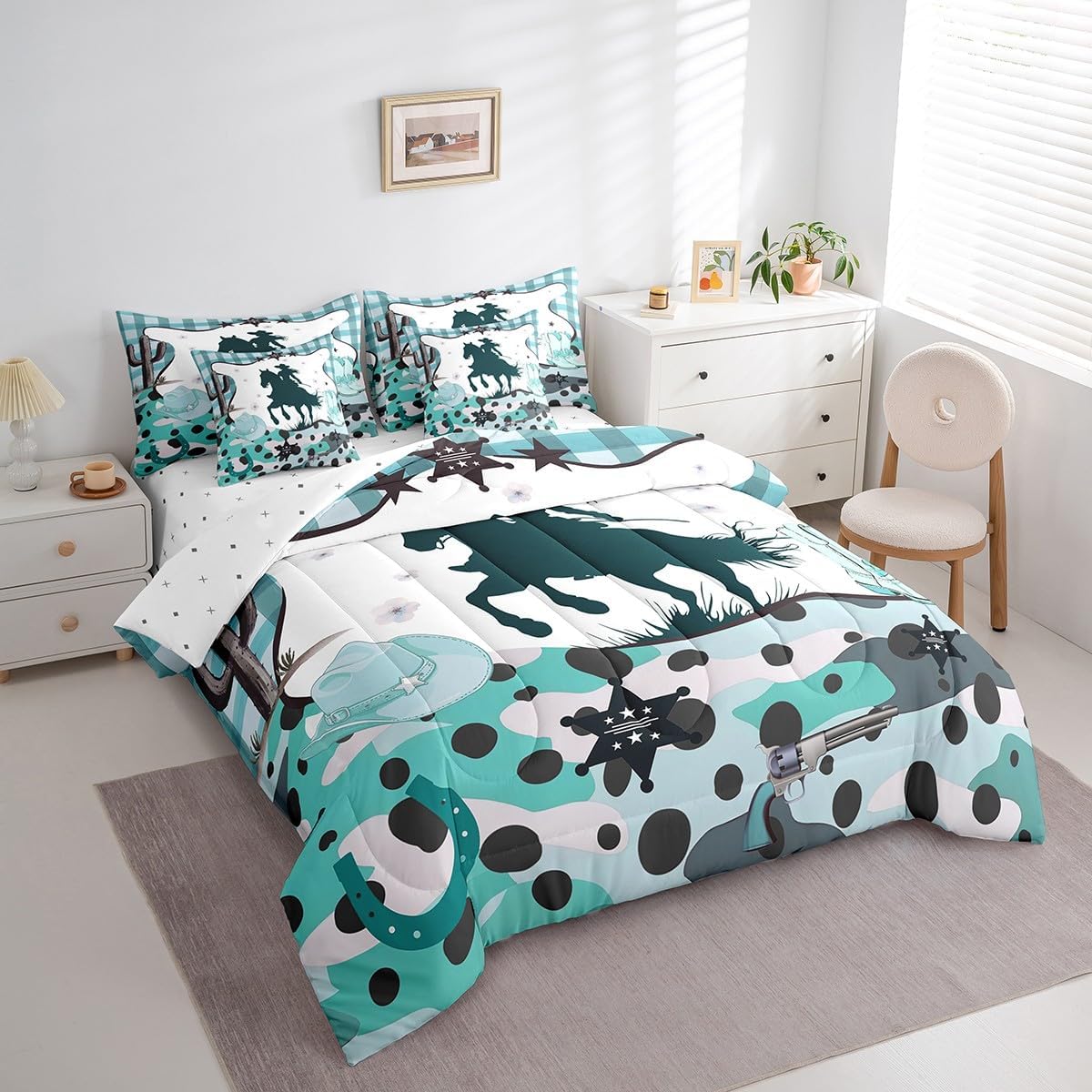 Western Girls 7 Piece Comforter Set Full Bed in a Bag Cowboy Hat Bedding Sets,Cowboy Boots Sheet Set with Comforter Teal Camo Lattice Bed Set,Farm Animals Bull Western Room Decor for Bedroom