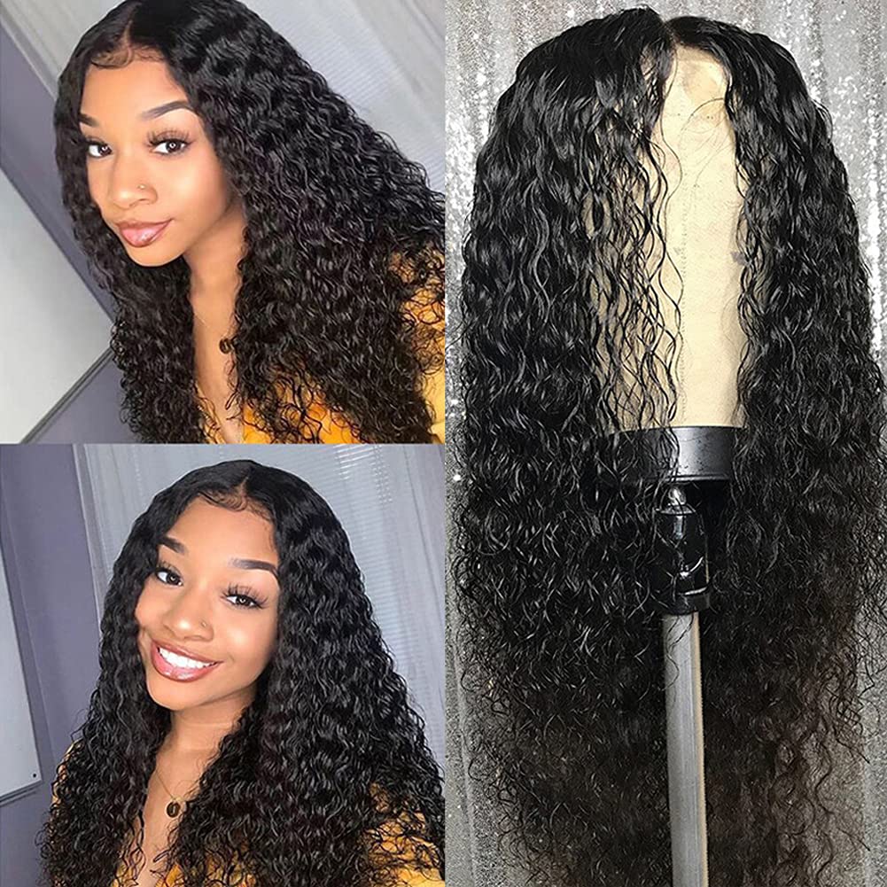 Wet and Wavy 4X4 Lace Clousre Wigs Human Hair Pre Plucked HD-Transparent Lace Front Human Hair Wigs for Black Women - 180 Density Glueless Curly Wave Human Hair Lace Frontal Wigs 10A Brazilian Virgin Human Hair
