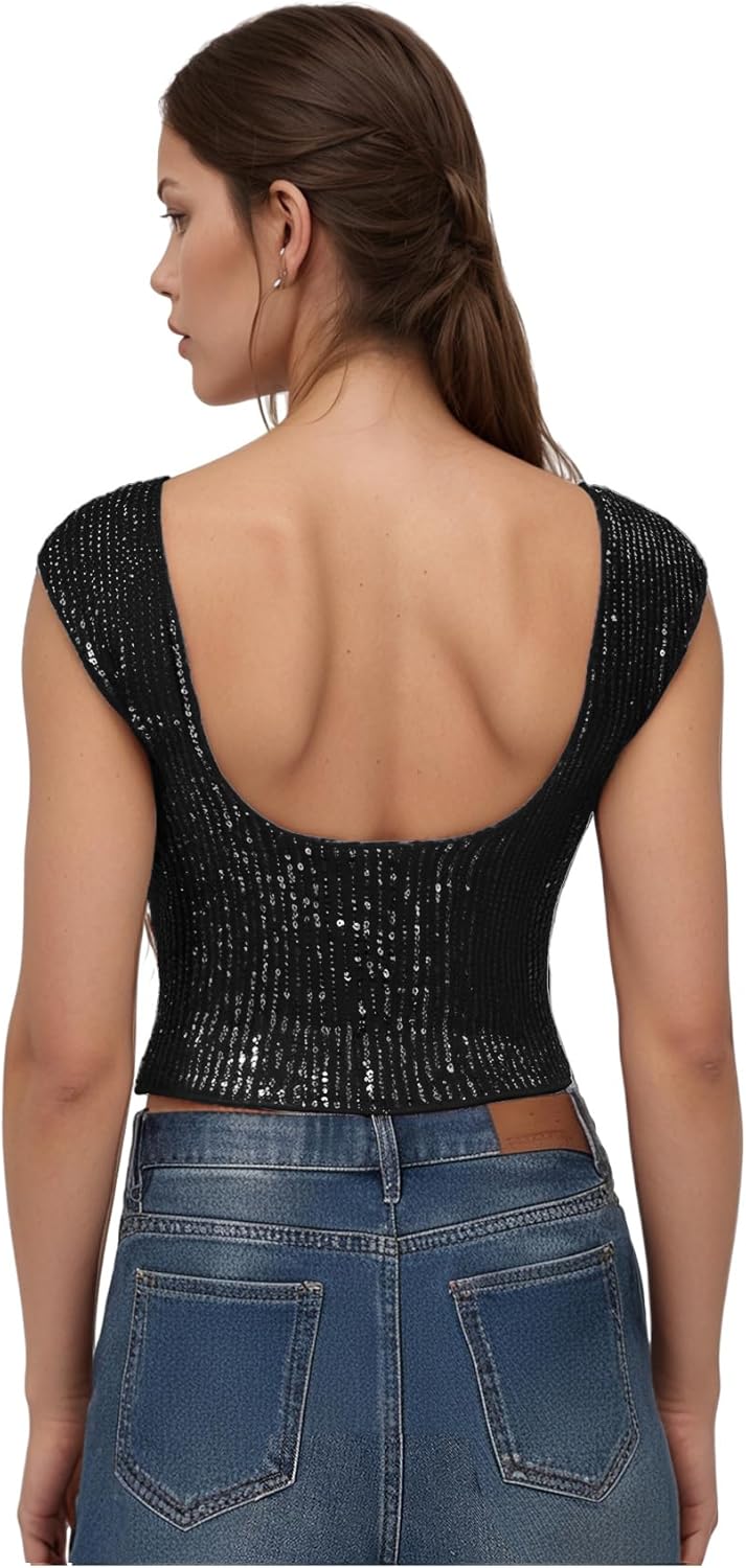 WDIRARA Women's Sequin Boat Neck Shirts Sparkle Glitter Backless Tee Cap Sleeve Crop Tops - Image 2