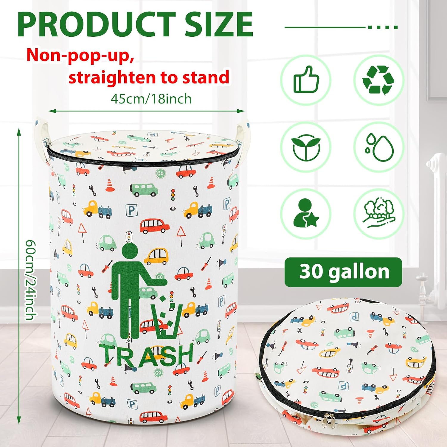 Jingmore 1 Pcs 30 Gallon Collapsible Trash Can Portable Reusable with Zippered Lid Garbage Can for Camping Parties Outdoor RV's Recycling, Yard Waste, Leaf Bag, Children Toy(Trash Style)