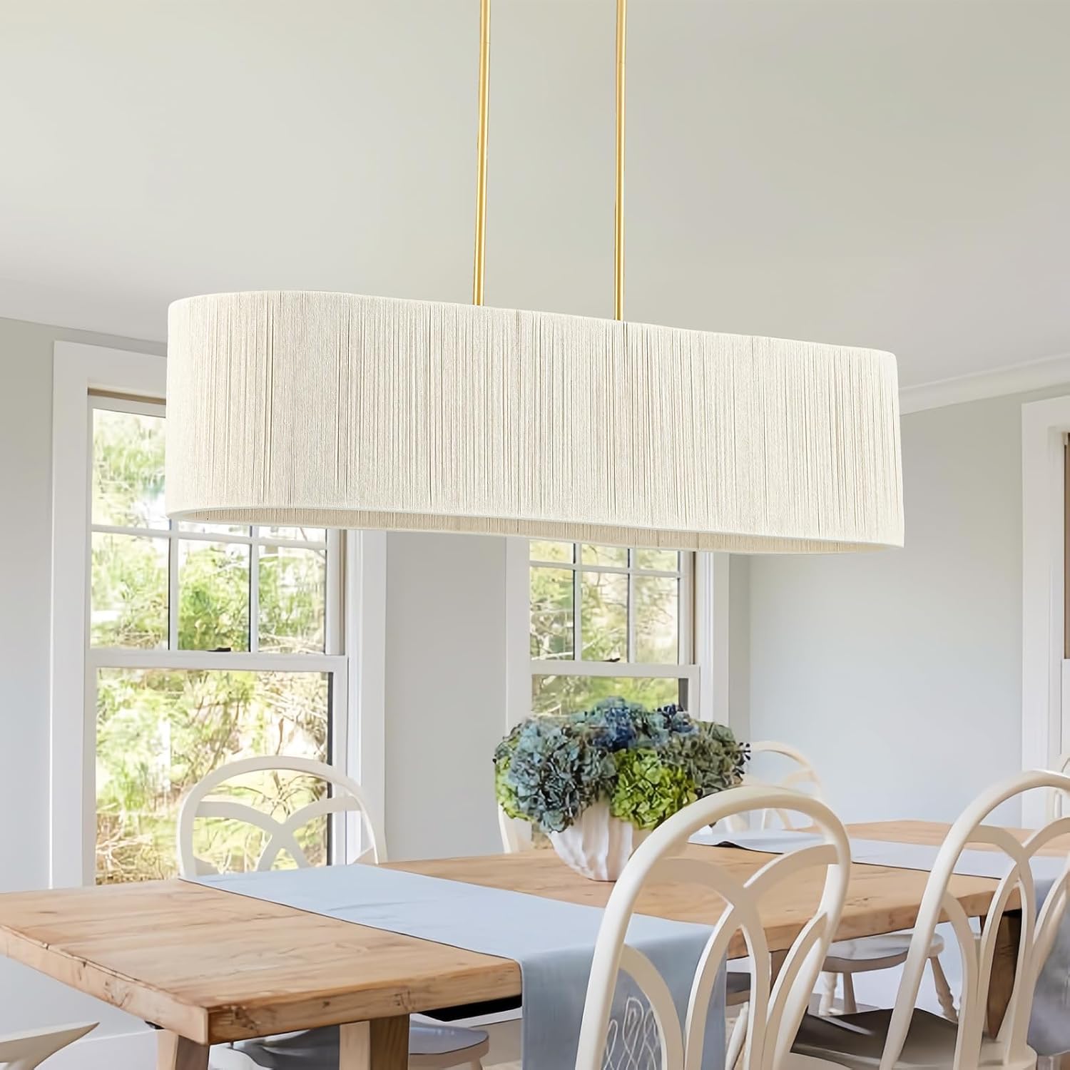 35”Hand Woven Rattan Chandelier, Boho Dining Room Pendant Light Fixture | Coastal Modern Farmhouse Rectangle Chandeliers with Adjustable Downrod for Kitchen Island,Living Room,Restaurant,Bar,White