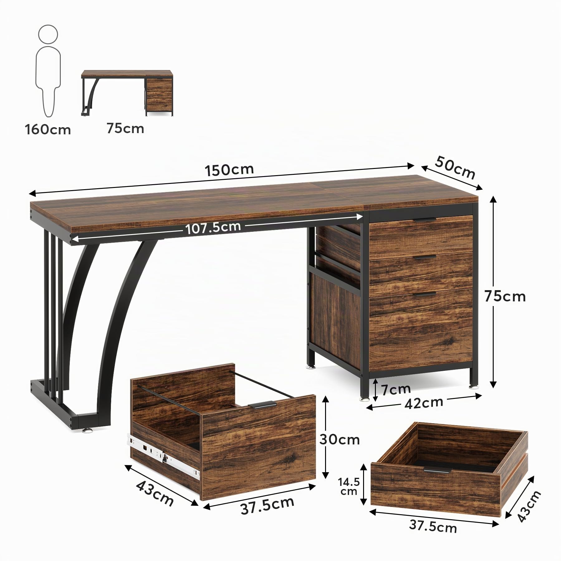 Tribesigns Escritorio para Ordenador con 3 cajones, 150 cm, Escritorio para Ordenador con cajones Reversibles, Escritorio Industrial con Bandeja de Archivos para la Oficina en casa (Marrón Rústico.)