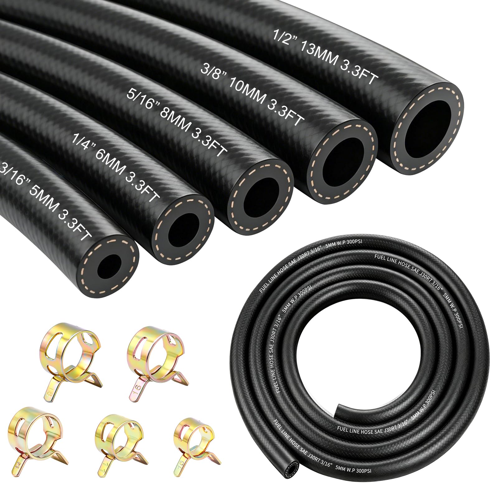 5Ft Fuel Line Hose Kit 5PCS with 40Pcs Clamps, 3/8",5/16",1/4",1/2",3/16" ID High Performance 300PSI NBR Rubber for Automotive, Small Engines, ATV, Push Lock Reinforced