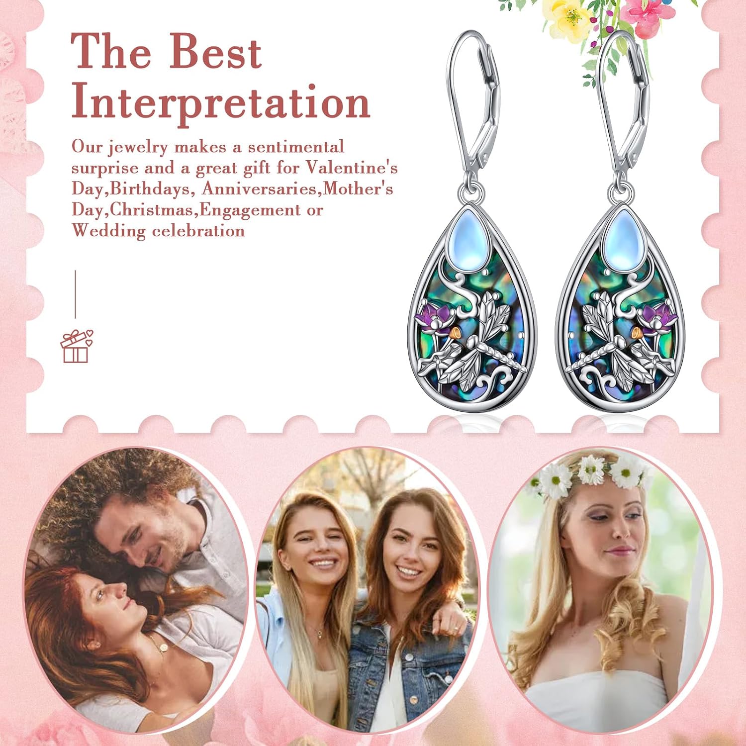 Alphm Dragonfly Filigree Earrings S925 Sterling Silver Teardrop Moonstone Abalone Shell Drop Dangle Earrings Leverback Birthday Jewelry Gift for Women Mom Wife