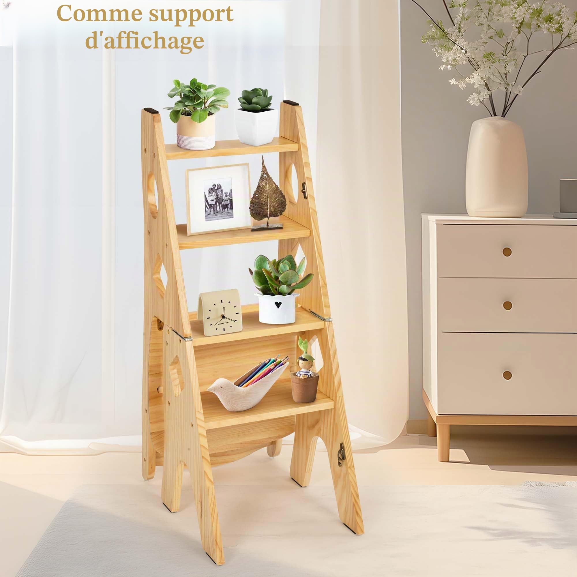 bimiti Chaise à Pliante en Bois Massif bibliothèque Pliante, Bois jusqu'à 180 kg, Multifonctionnel Fleurs et Chaise Stand d'exposition pour bibliothèque, Bureau, Support à Fleurs