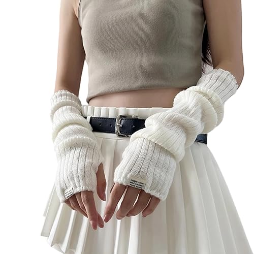 Arm Warmers for Long Sleeve Fingerless Y2K Cool Girls Warm Black White Gothic Skateboard Punk Hip Hop Knitted - White