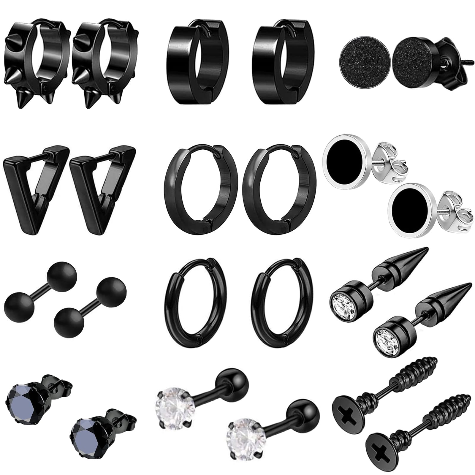 Orecchini Uomo Acciaio Inossidabile Nero - Set 8 Paia Cerchio E Pallina