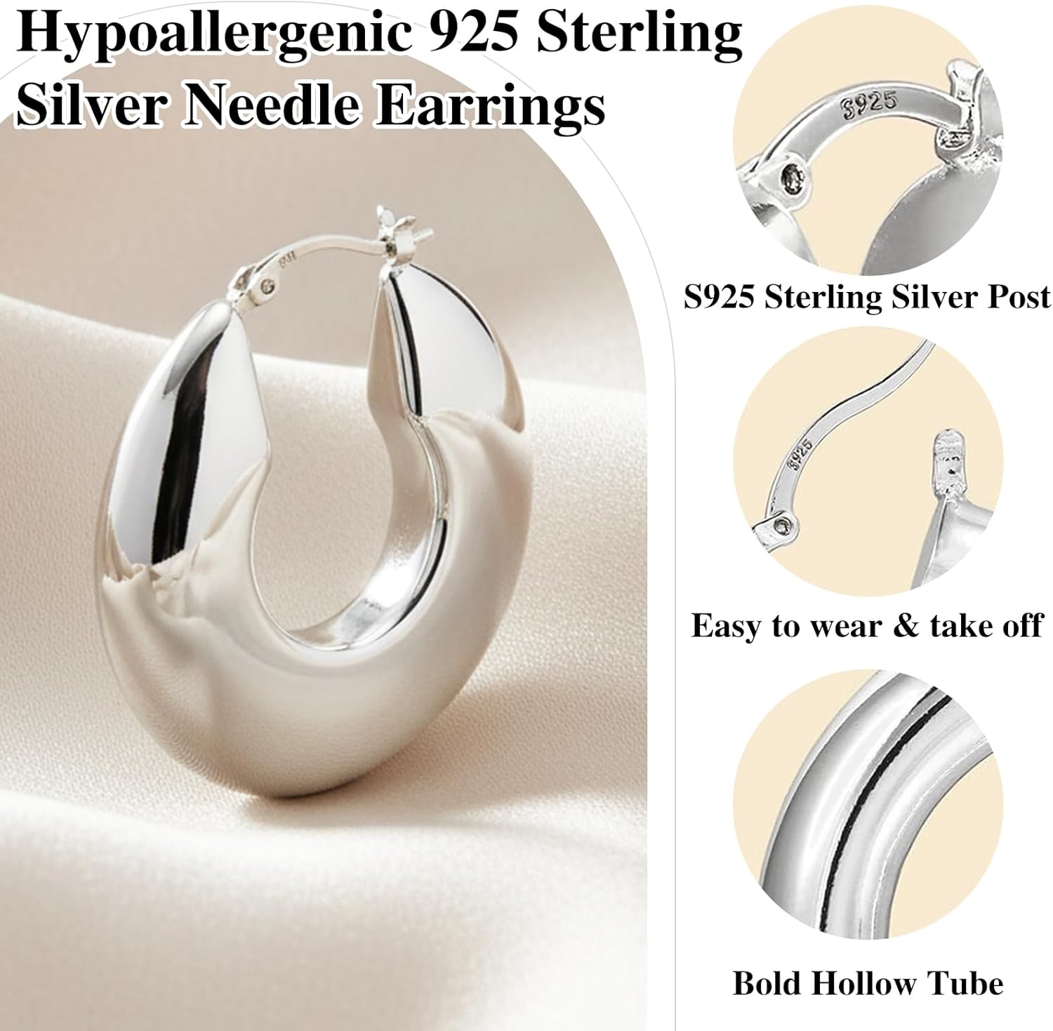 Valentines Day Gifts for Her - Chunky Hoop Earrings for Women, S925 Sterling Silver Hypoallergenic Statement Earring, Lightweight Large Hoop Earrings 40mm - Image 4