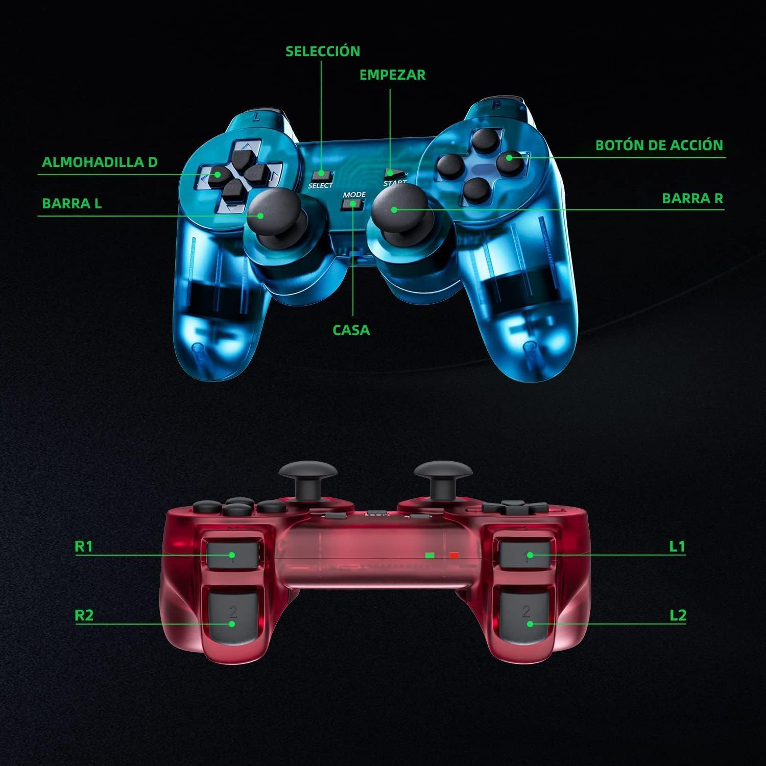 AUFGLO Retro Mando inalámbrico clásico para P-s2/DS2/PC (Rojo+Azul)