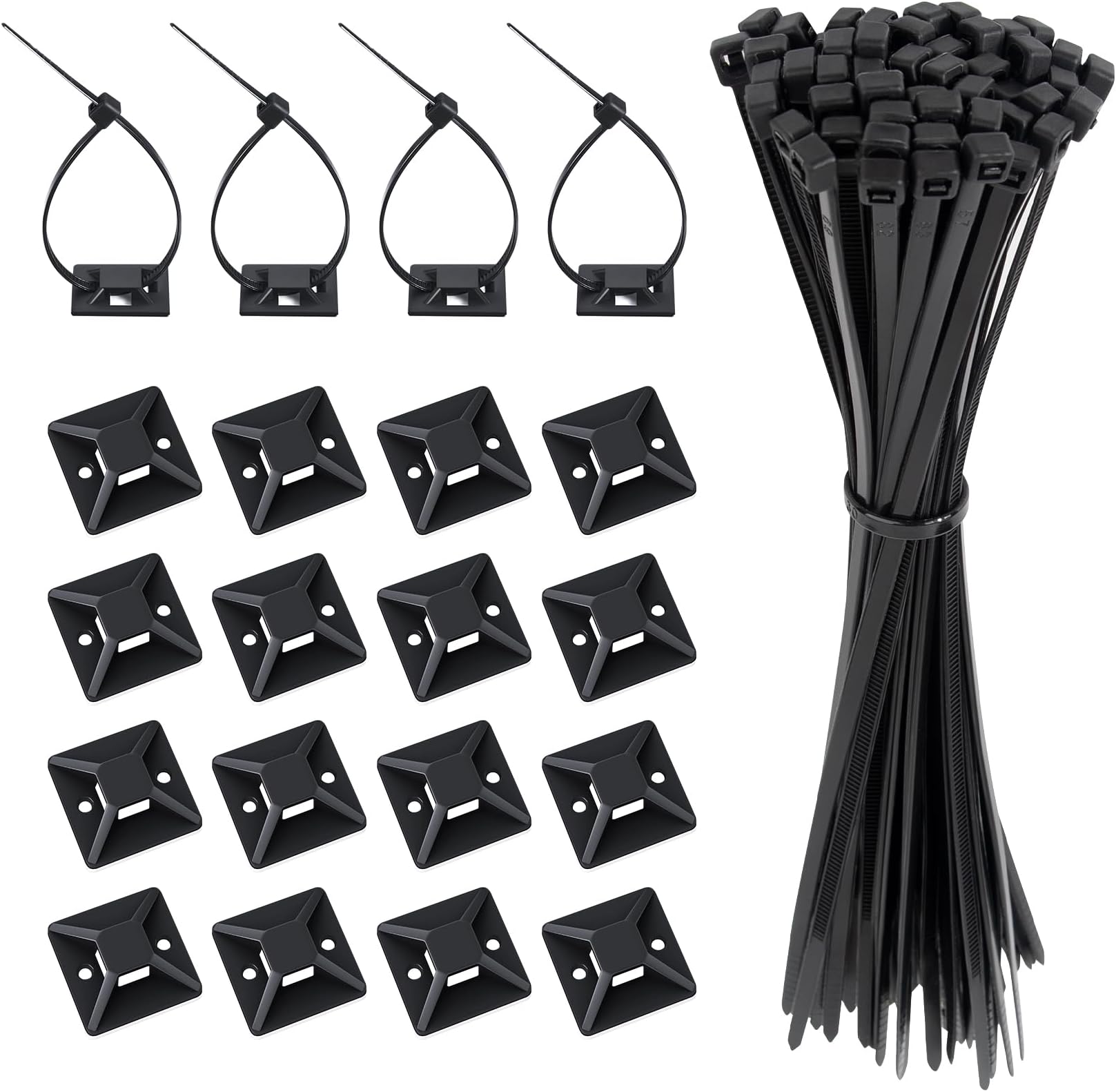Black Cable Zip Ties And Mounts (50 Sets), 7.87"x1.1'' Strong Wire Tie Adjustable Versatile Self-Locking Fastener Nylon Cord Straps For Indoor And Outdoor, Home, Office, Garden, Workshop By Viaky