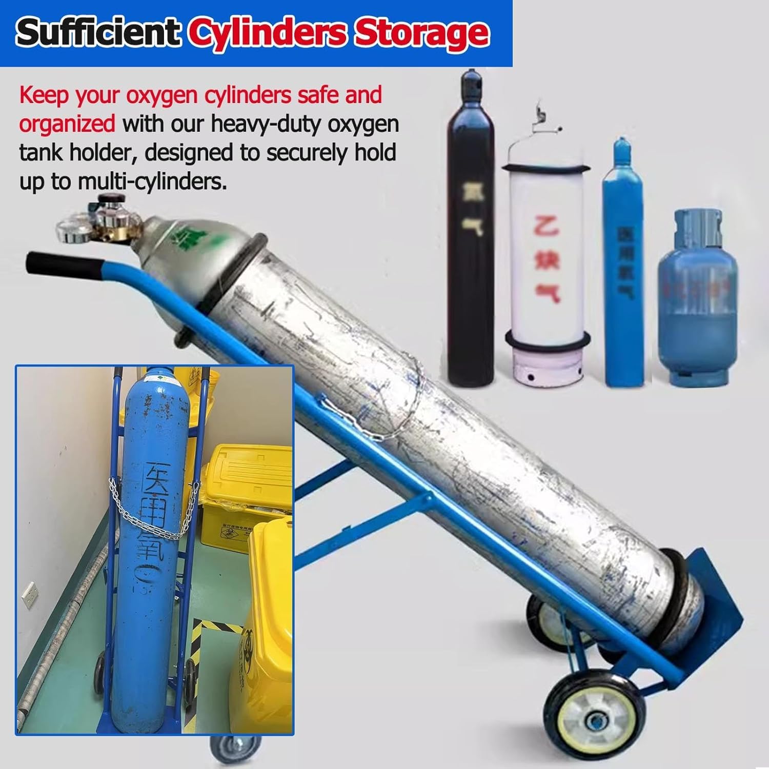 Carrello portabombole di Ossigeno Blu Resistente, Carrello Portatile per bombole di Gas con Ruote, Organizer in Acciaio per bombole di Ossigeno, Ideale per Uso Domestico e Medico.