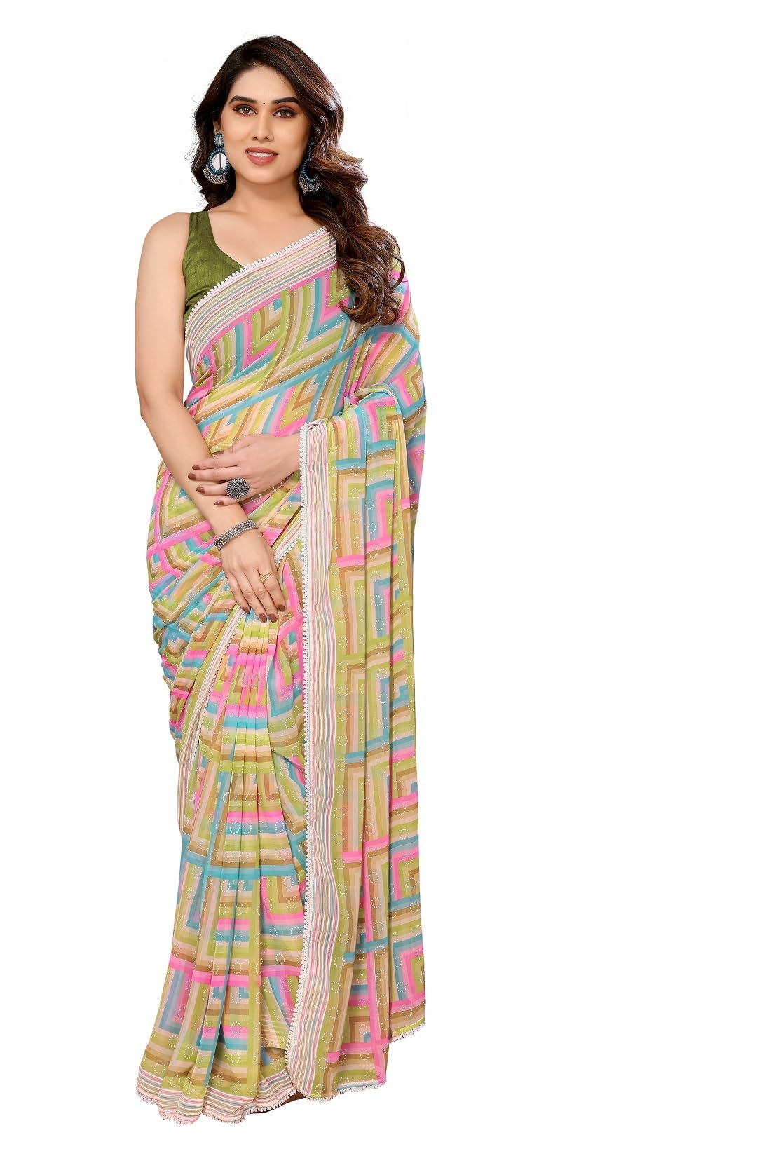 RAJESHWAR FASHION WITH RF Women's Printed Georgette Sarees For Ladies & College Girls Farewell With Lace Border & Blouse