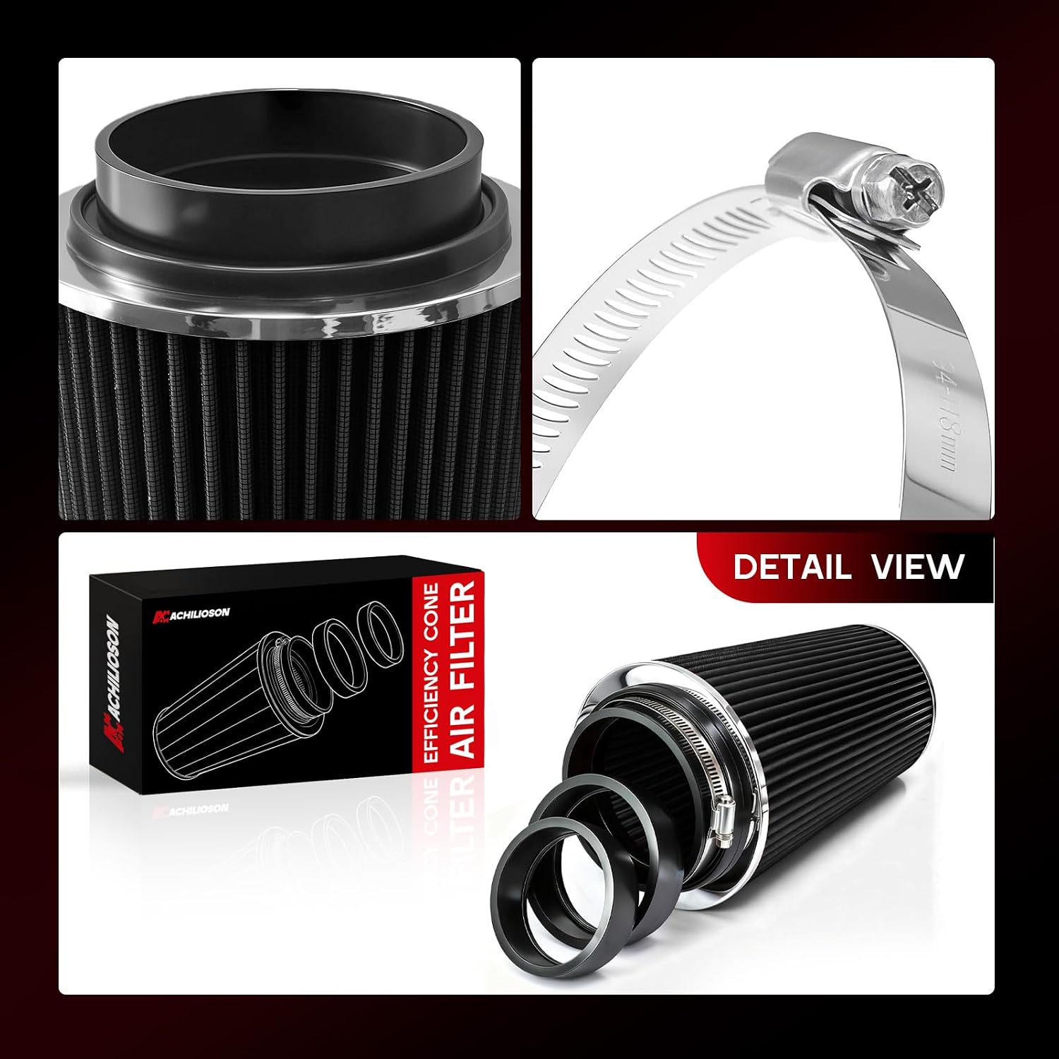 3/3.5/4 Inch High Efficiency Cone Air Filter,76mm 89mm 101mm Universal Clamp, Washable & Reusable Closed Top Cold Air Intake Filter for Sedans, Scooters, High-Speed Racing Vehicles(Black)
