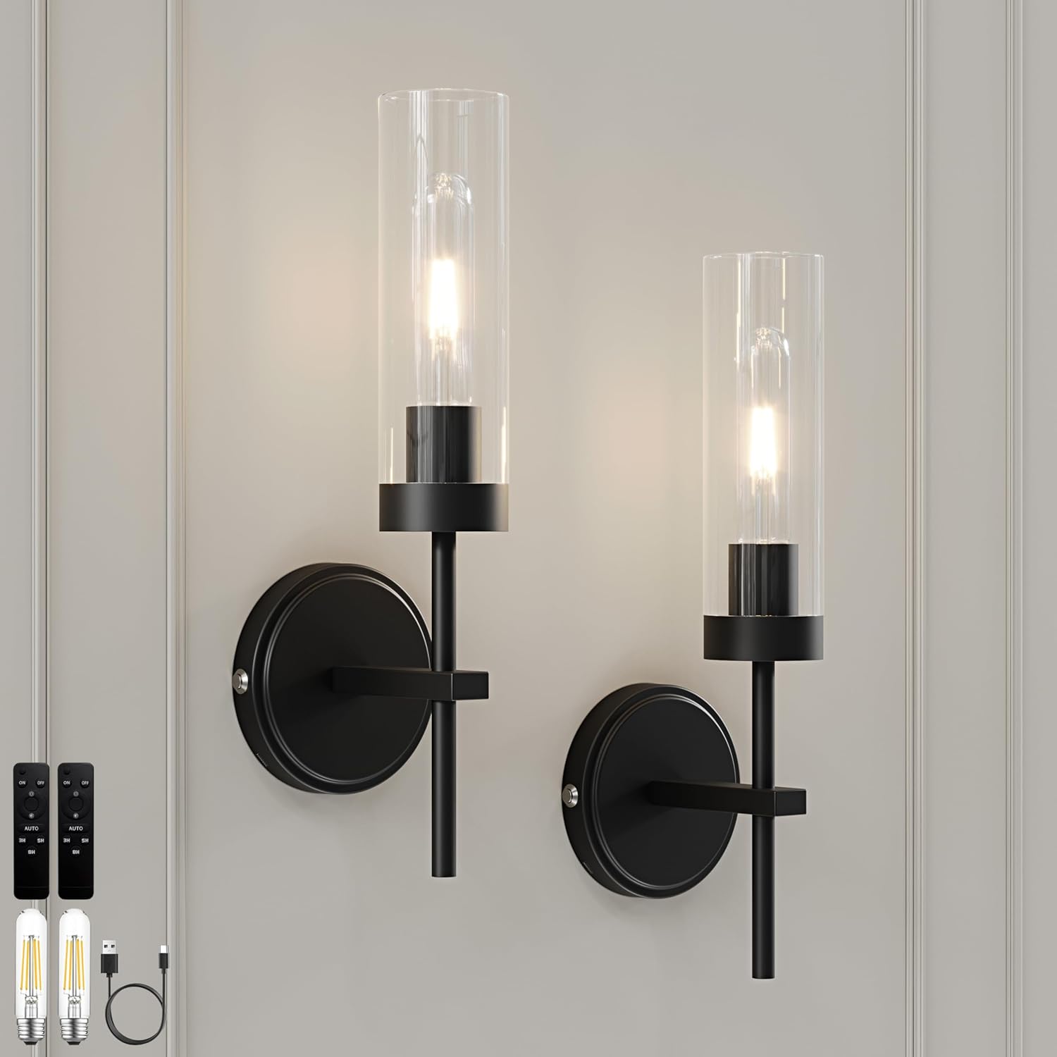 Black Battery Operated Wall Sconce Set of 2, Wireless Wall Sconces with Remote Control, Rechargeable 3000K Dimmable Wall Light for Bedroom Living Room Bathroom Hallway Entryway Stairwell Black 2 Pack