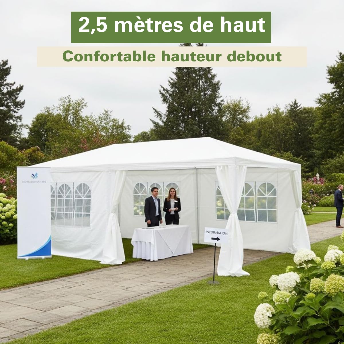 Kinzo Tonelle de Jardin 3x6 m - Tente pour 70 Personnes - Pavillon avec 6 Parois Latéraleset et Hauteur au Faîte de 2,5 m - Étanche et Résistante aux UV - Blanc