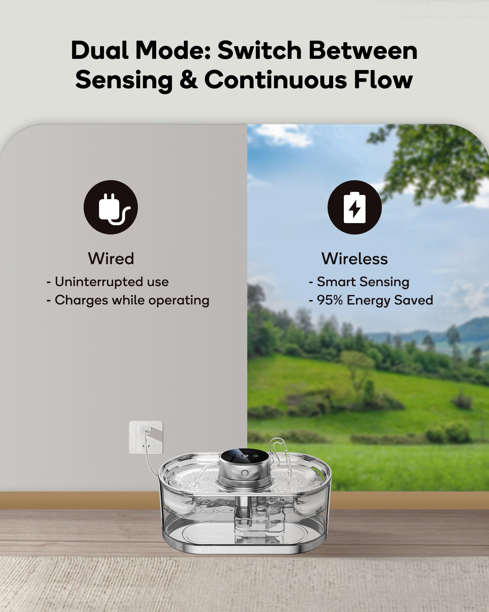 Cat Water Fountain Cordless, 108oz/3.2L Cengcen Wireless Pet Water Fountains Battery Operated 5000mAh, Chew-Proof Charging Cable with Adapter, Stainless Steel Transparent, Premium Edition - image 3