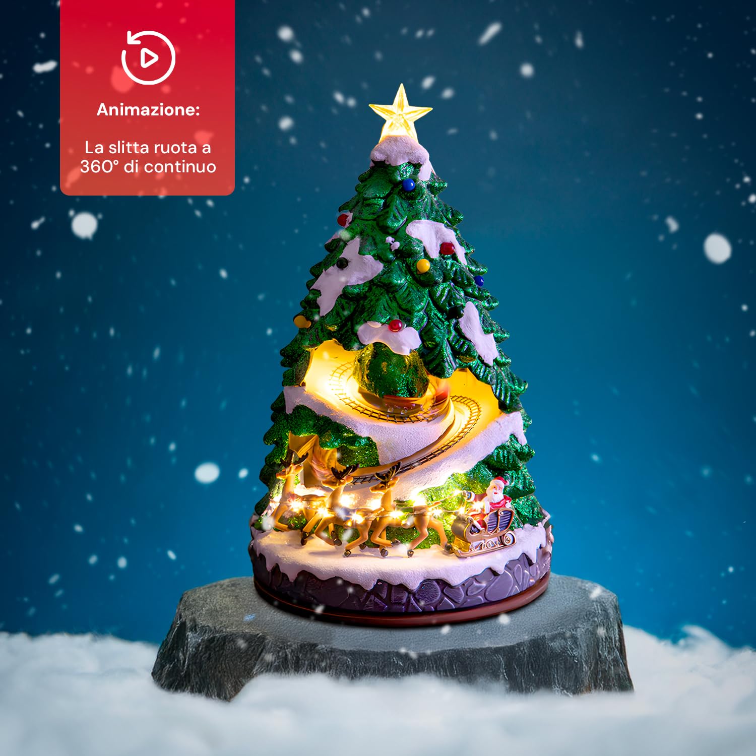Wintem Albero di Natale Animato in Miniatura con Luci Led e Musica - Ottimo per Decorare Casa o Villaggi Natalizi - Decorato e Dipinto in Modo Artigianale con Materiali Resistenti 40x22x22cm