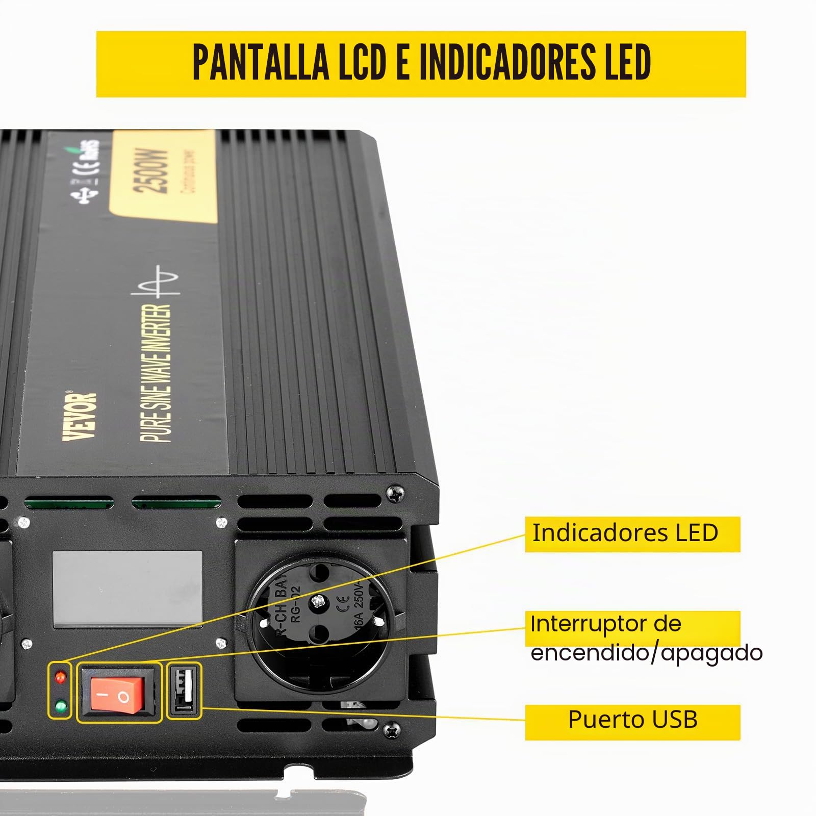 VEVOR - Convertidor sinusoidal Puro CC 12V a CA 230V, convertidor sinusoidal Puro 2500W, inversor de Onda sinusoidal con Pantalla LCD, Voltaje Puro, Protecciones de Seguridad con Mando a Distancia y