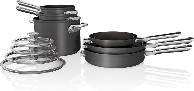 Ninja C59500 Foodi NeverStick Premium - Set da 10 pentole e padelle antigraffio con coperchi in vetro, anodizzato duro, antiaderente, resistente e sicuro al forno fino a 260 °C, grigio ardesia